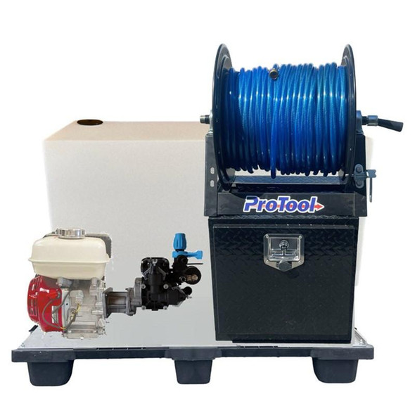 ProTool Batch Sprayer 6 gpm Gas Diaphragm Pump, 100 Gallon Tank, Reel with 200ft 1/2in Spraying Hose, industrial pesticide or herbicide spraying equipment.
