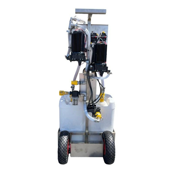 ProTool Mix Station Mobile, industrial mixing station with wheels and multiple hoses and motors for mixing applications.