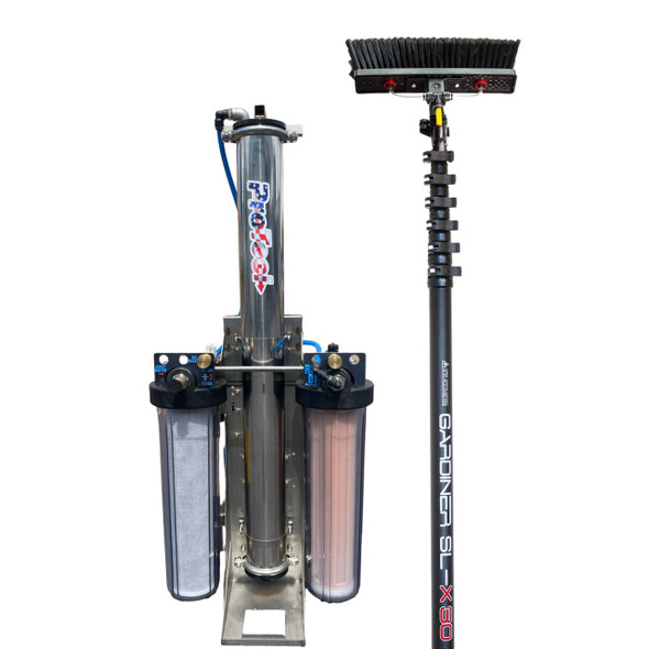 ProTool SS RODI Cart Gardiner SLX 30ft Kit, water filtration system with two filter housings and a long cleaning wand.