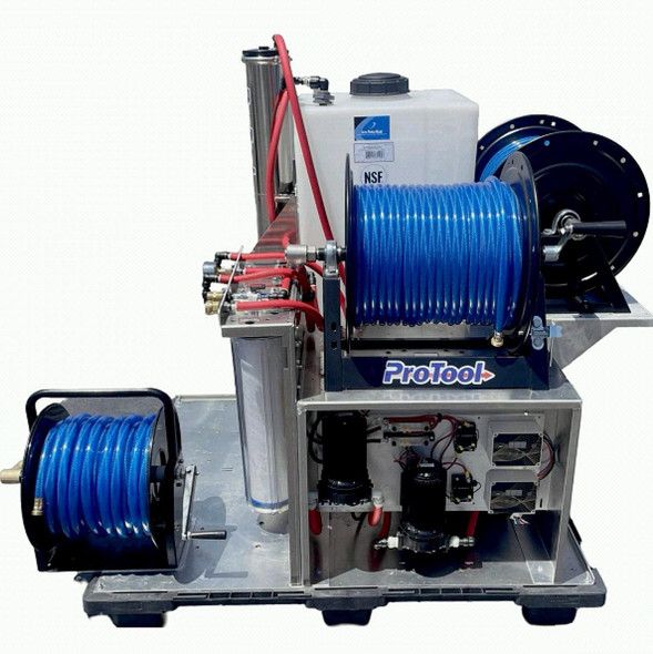ProTool Pure Water 2 User Skid for Water Fed 3 Reels HiFlow, industrial water cleaning equipment with blue hoses and reel, metal frame, and water filtration system.