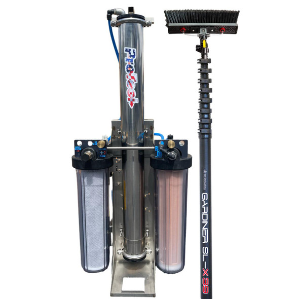 ProTool SS RODI Cart Gardiner SLX 39ft Kit, water filtration and RO water system with filtration units, control valves, and a long brush on an adjustable handle for cleaning.