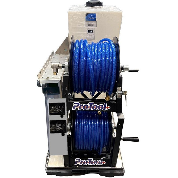 ProTool Dual User Pure Water Mini Skid, compact water filtration and dispensing system with dual blue hoses and control panels.