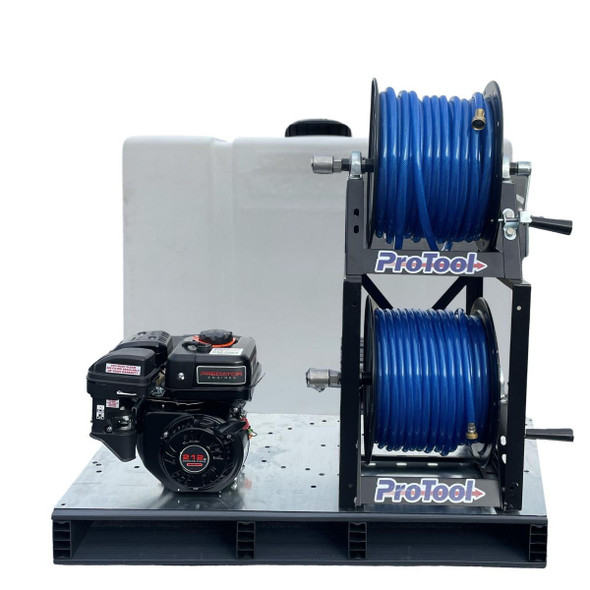 ProTool Solar Delivery Skid 100 gal, portable solar-powered water delivery system with two blue hoses on a black metal frame and a small engine, designed for efficient water transportation.