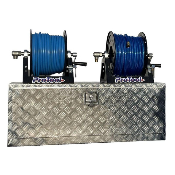 ProTool Hydro Vault RO DI System, dual reel water filtration system with blue hoses mounted on a stainless steel cabinet.