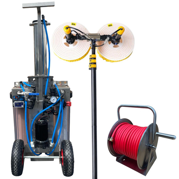 ProTool SS Ultra Cart Solar Brush Kit, a cleaning equipment set including a mobile cart with hoses and a solar-powered brush with dual spinning brushes.