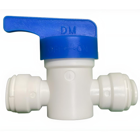 ProTool Ball Valve 5/16in (8MM) Union Pushfit, plastic white and blue ball valve with push-fit connectors and a blue lever handle for controlling water flow.
