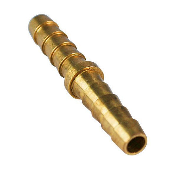ProTool Hose Barb 1/4in to 1/4in, brass fitting with a ribbed design for secure hose connection.