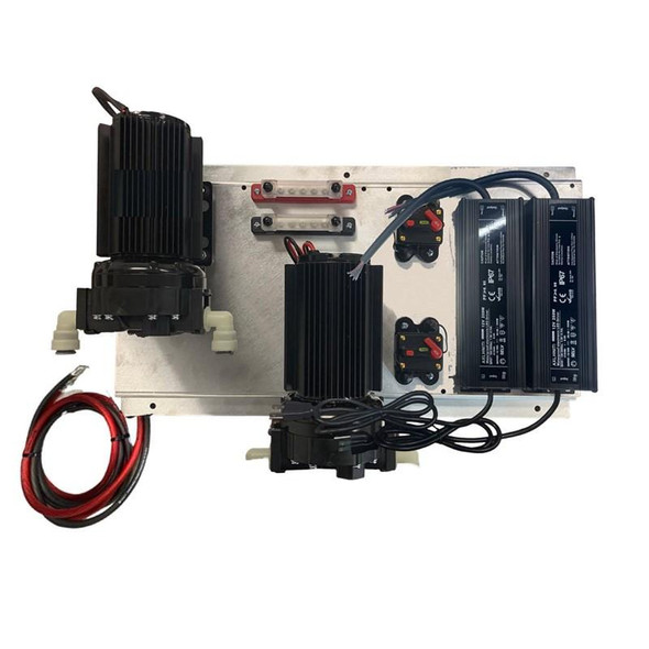 ProTool High Flow Dual 110v or 12v Powered Pump Plate for Solar and Batch Spraying, industrial pump system with electrical components for spraying applications.