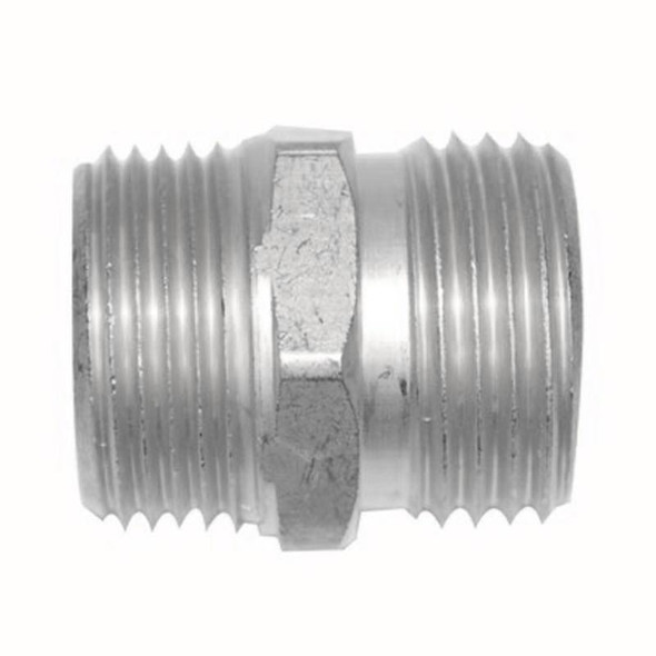 ProTool Male Garden Hose Stainless Steel with 3/4in MNPT and 1/2in FNPT, close-up view of a durable stainless steel garden hose fitting.