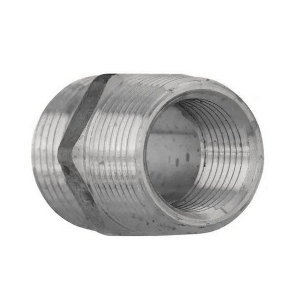 ProTool Male Garden Hose Stainless Steel with 3/4in MNPT and 1/2in FNPT, close-up of stainless steel fitting with threaded interior for garden hose connection