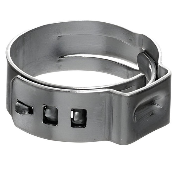 J.Racenstein Clamp Crimp 162 Single Ear SS, metal clamp with a shiny silver finish designed for secure electrical connections.