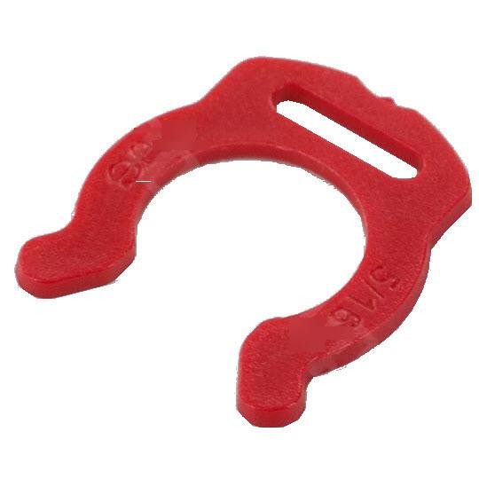 J.Racenstein Locking Clip 5/16in Pushfit (8mm), red plastic pipe fitting clip with an open hook design.