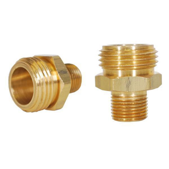 ProTool Fitting 3/4in M GH to 3/8in MNPT, brass pipe fitting with male and female threaded ends for plumbing or air compressor applications.
