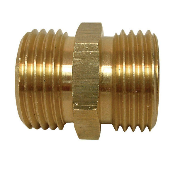 ProTool Fitting 3/4in GH Male to 3/4in GH Male, brass fitting with male threads and ridged exterior for secure connection.