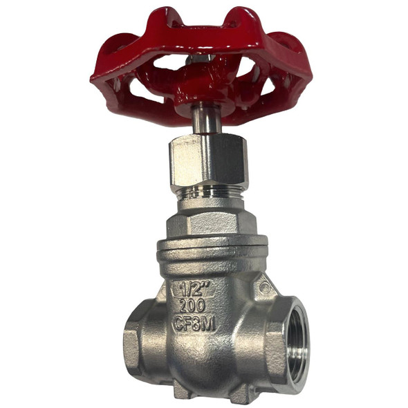 ProTool Valve 1/2in Stainless Steel Gate Valve ProTool, a metal valve with a red handwheel for controlling water flow.
