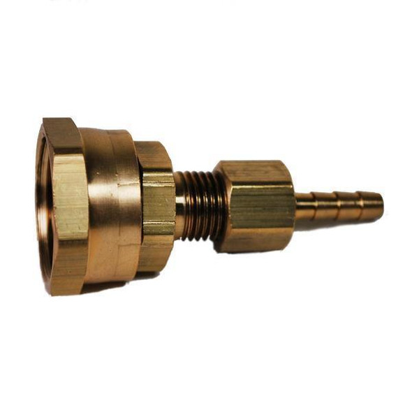ProTool Hose Barb 3/16in to Garden Hose Female, brass hose connector with barbed end for secure garden hose attachment.