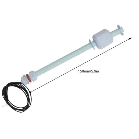 J.Racenstein Water Level Float Switch 6in 12v, a white water level float switch with a 6-inch length and electrical wiring for water tank control.