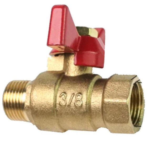 J.Racenstein Ball Valve 3/8in M-F Brass DN10, brass ball valve with red handle for precise control of water or gas flow.