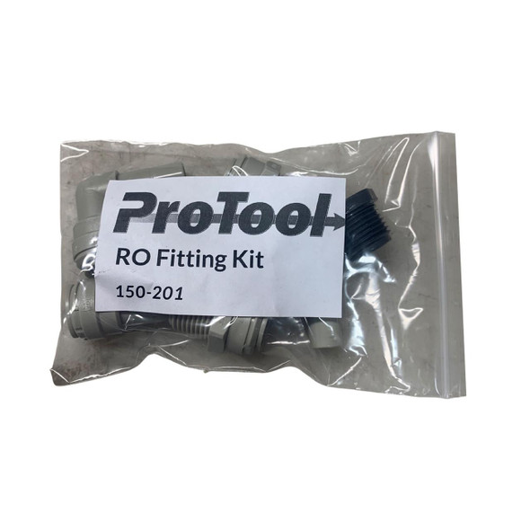 ProTool RO Fitting Kit, plastic fittings and black rubber gasket in sealed plastic bag.