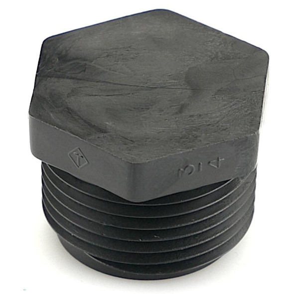 J.Racenstein Plug 3/4in Male NPT Black HDPE, durable black plastic pipe plug with male NPT thread for sealing or closing pipe ends.