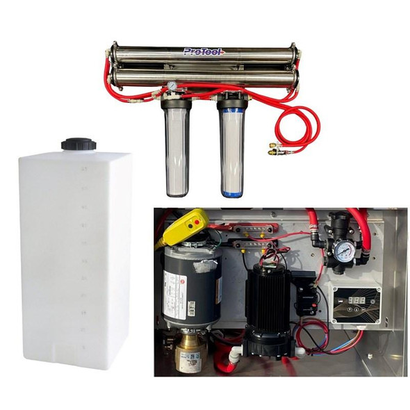 ProTool Wall Mount 20in 110V Boost - 12V Delivery, water filtration system with metal filter housing, tubing, gauge, and control panel inside a metal box.
