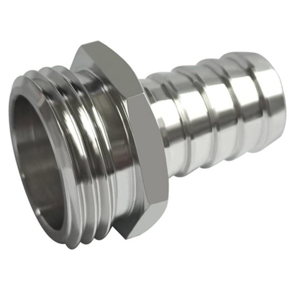 J.Racenstein Hose Barb 1/2in Barb to 3/4in Stainless Garden Hose Male, stainless steel hose fitting with barb connections for garden hoses.