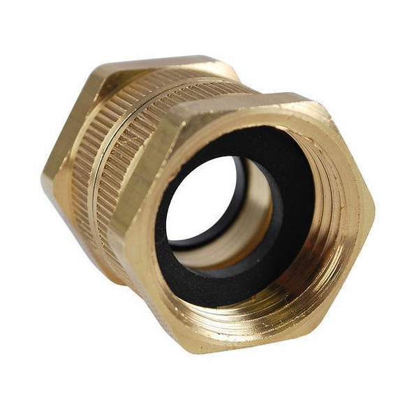 ProTool Female to Female Garden Hose Brass, close-up of a brass hose fitting with threaded ends for connecting garden hoses.