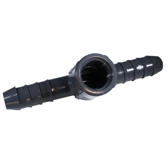 ProTool Tee PVC 1/2in FPT x 1/2in Barb, black plastic pipe fitting with threaded and barbed ends for plumbing connection.