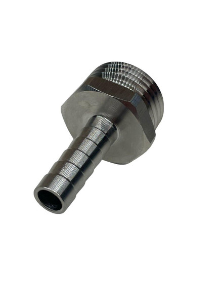 J.Racenstein Hose Barb SS 3/8in Barb to 3/4in Garden Hose Female, stainless steel garden hose connector with 3/8 inch barb and 3/4 inch female fitting.