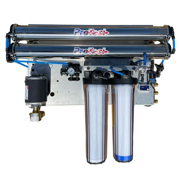 ProTool HydroPanel RODI Wall Mount, a high-efficiency reverse osmosis deionization water filtration system with multiple filters, pressure gauges, and a wall-mounting setup.