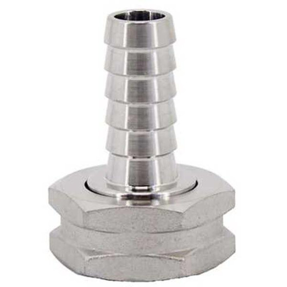 J.Racenstein Hose Barb SS 1/2in Barb to 3/4in Garden Hose Female, stainless steel hose barb fitting with 1/2 inch to 3/4 inch female garden hose connection.