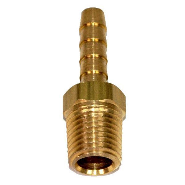 ProTool Hose Barb 1/4in to 1/4in Male Pipe, gold-colored brass hose barb fitting for connecting hoses and pipes.