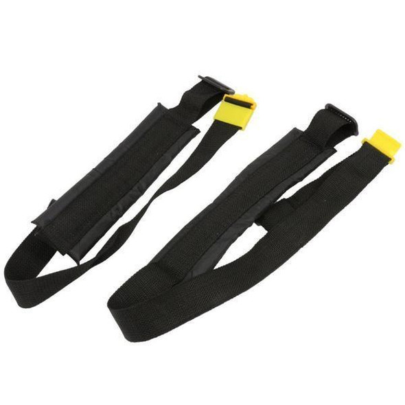 J.Racenstein Gardiner Backpack Straps pair, adjustable black straps with yellow fasteners for secure attachment.