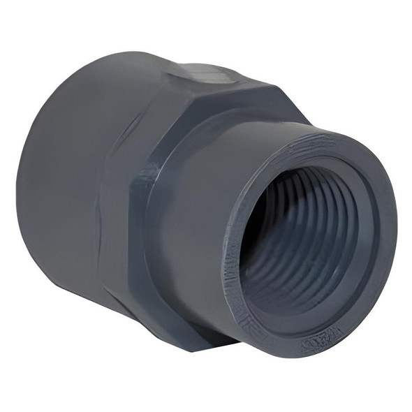 J.Racenstein Union Reducer PVC 3/4in x 1/2in NPT, gray PVC pipe fitting with threaded internal openings for plumbing connection.