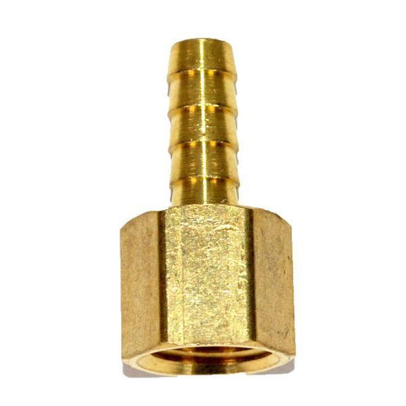 ProTool Hose Barb 1/4in to 1/4in Female pipe, brass hose barb fitting with a barbed end for secure connecting of hoses.