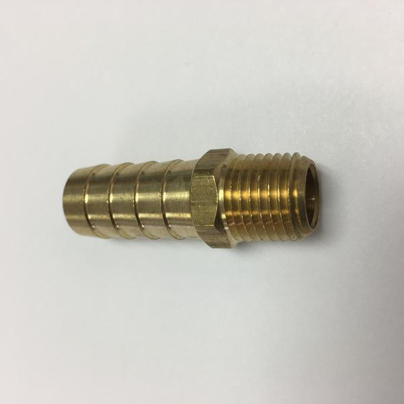 ProTool Hose Barb 1/2in to 1/4in Male Pipe, brass fitting with barbed and threaded ends for hose connection.