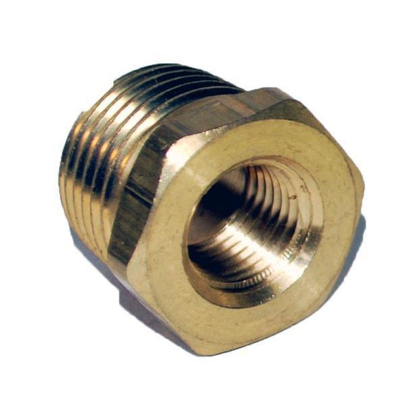 ProTool Bushing Hex Brass 1/2in X 1/4in, close-up image of a brass bushing with a hexagonal shape and threaded interior for plumbing and tool fittings.