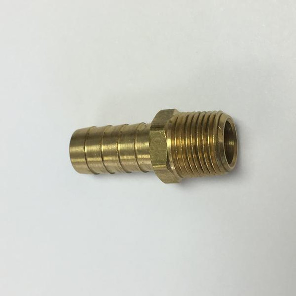 ProTool Hose Barb 1/2in to 3/8in Male Pipe, brass fitting with barbed end for flexible hoses and threaded end for connection.
