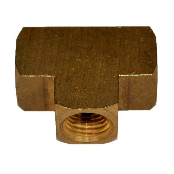 ProTool Tee Brass 1/4in, brass T-shaped connector with threaded interior for plumbing or pneumatic applications.