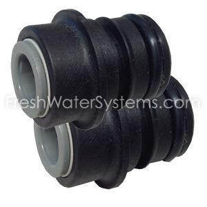 ProTool Quad Port 3/4in to 1/2 Pushfit pair, black and gray plastic plumbing fittings with quad ports for water connection.