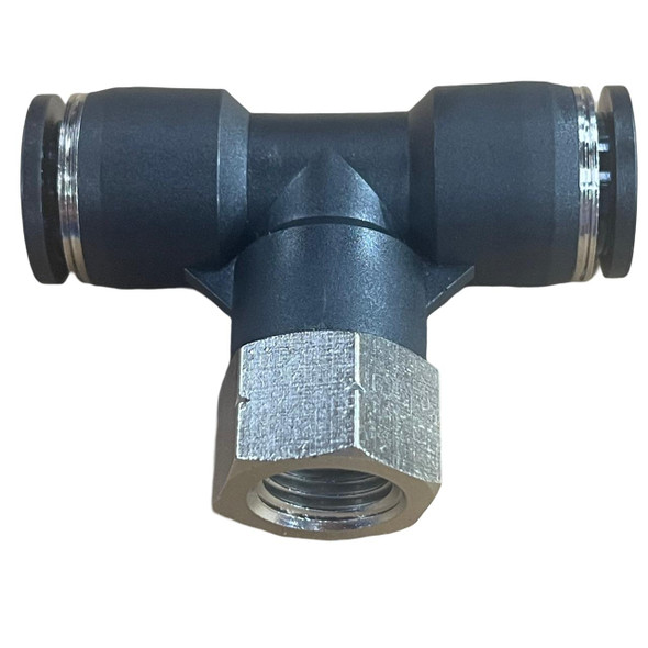 J.Racenstein Tee 1/2in Tube Pushfit 1/4in NPT Acetal, image of a black plastic T-shaped push-fit connector with metal fittings on each end and a threaded metal connector on the bottom.