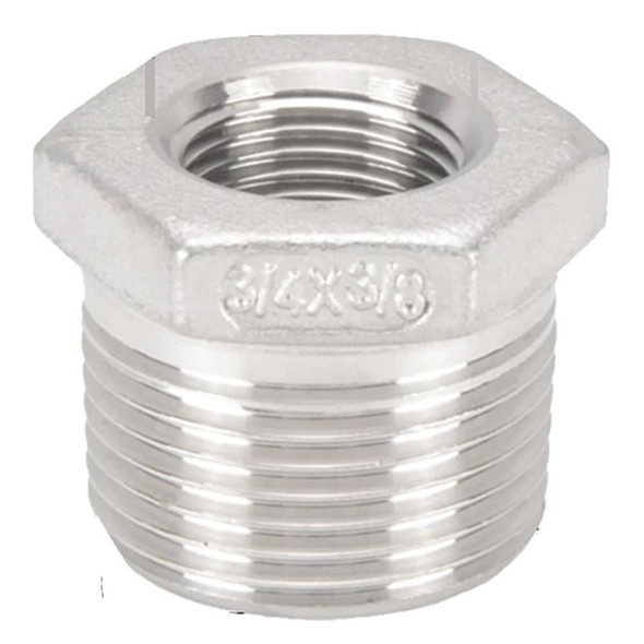 J.Racenstein Bushing Hex 3/4in x 3/8in SS, stainless steel hex bushing with male and female threaded ends for plumbing or mechanical applications.
