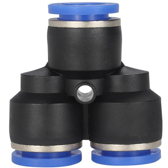 ProTool Wye Fitting 5/16 Push Fit Divider (8mm), black plastic plumbing fitting with three outlets and blue push-fit ends for water connection.