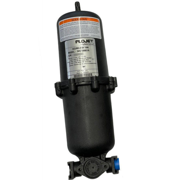 J.Racenstein Accumulator Tank FloJet 33oz Capacity, black cylindrical tank with a label and inlet/outlet ports for fluid connection.