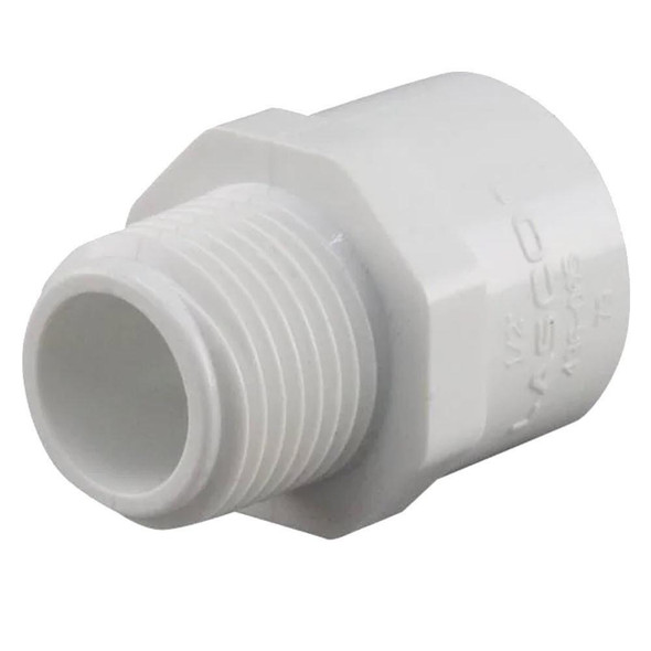 ProTool Adaptor Male 1/2in NPT-1/2in Socket PVC, white plastic plumbing fitting for connecting 1/2 inch threaded pipes.