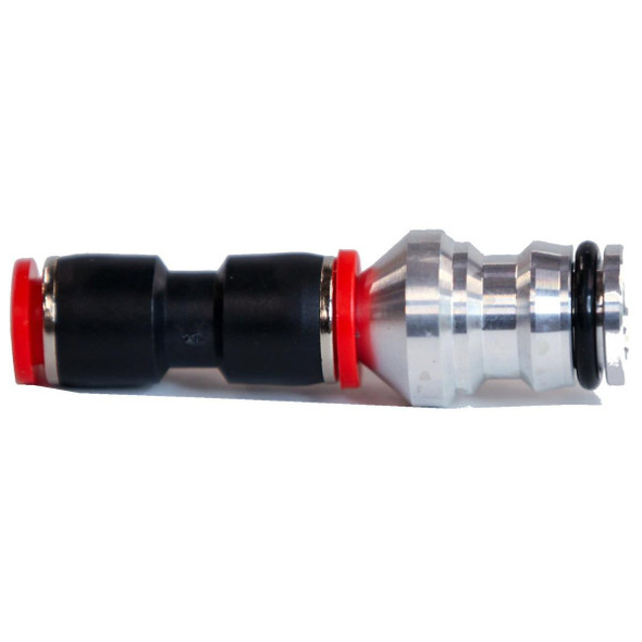 J.Racenstein Adaptor 5/16in Pole Hose to Quick Connect Garden Hose, metal and plastic garden hose connector with red and black accents.