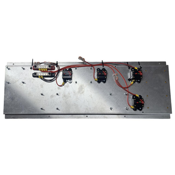 J.Racenstein 4 Pump Mounting Plate Complete with Breakers and Wiring, electronic components and wiring installed on a metallic mounting plate for pump control.