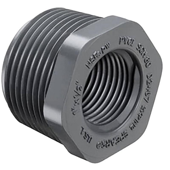 J.Racenstein Reducing Bushing 1in to 1/2in PVC Sch80, gray PVC fitting used for pipe reduction.