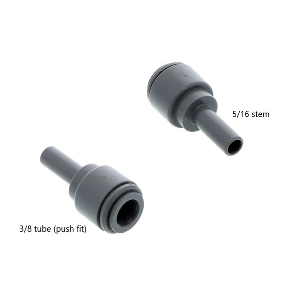 TRADEWRX Enlarger Stem 3/8 tube x 5/16 stem, gray plastic bicycle component with 3/8 tube push fit and 5/16 stem connection.