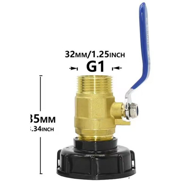 J.Racenstein IBC Tank Adaptor 1in Valve, featuring a brass valve with a blue handle and measurements of 32mm/1.25 inch diameter and 35mm/0.34 inch height.